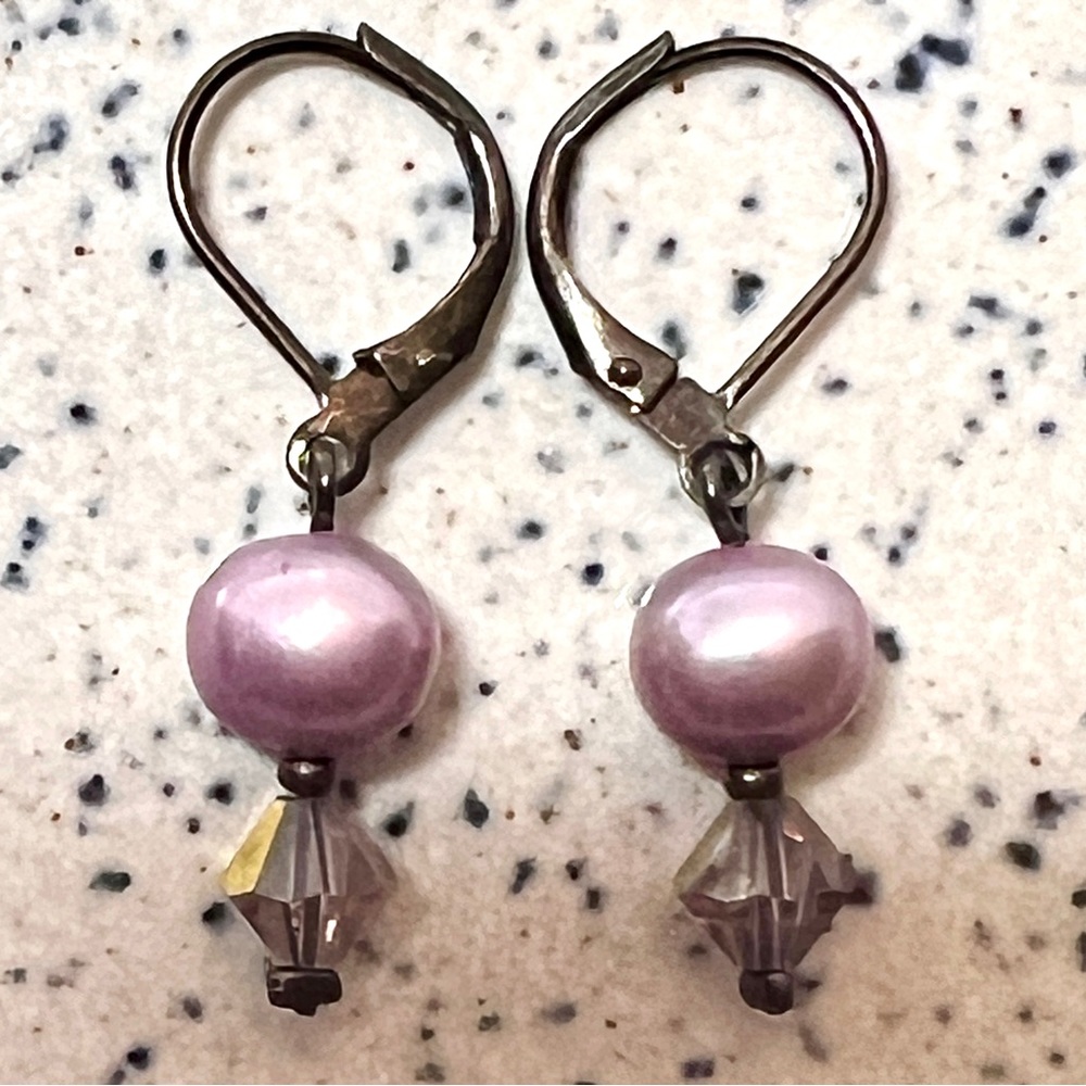 Lavender Pearl and Crystal Lever Back Earrings